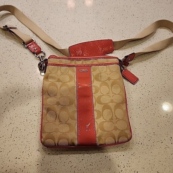 COACH Signature Stripe Beige Pink Shoulder Crossbody Convertible Bag - Picture 1 of 10